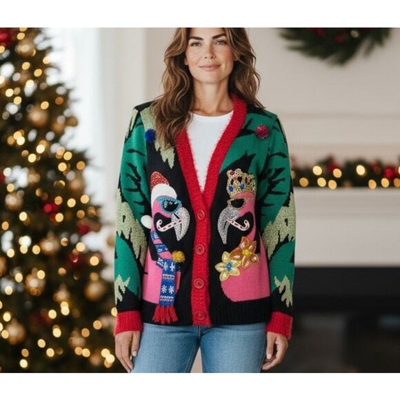 Ugly Christmas Sweater Cardigan Black Pink Flamingo SZ LG 33 Degrees Costume - Picture 1 of 12
